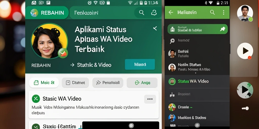 Tampilan antarmuka aplikasi REBAHIN dengan fitur Status WA Video.